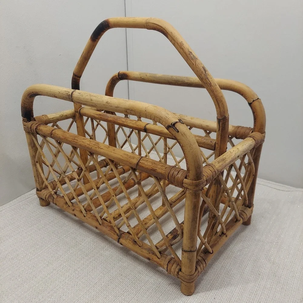 Vintage Bamboo Magazine Rack Rattan Book Caddy Boho MCM Storage Basket Handle